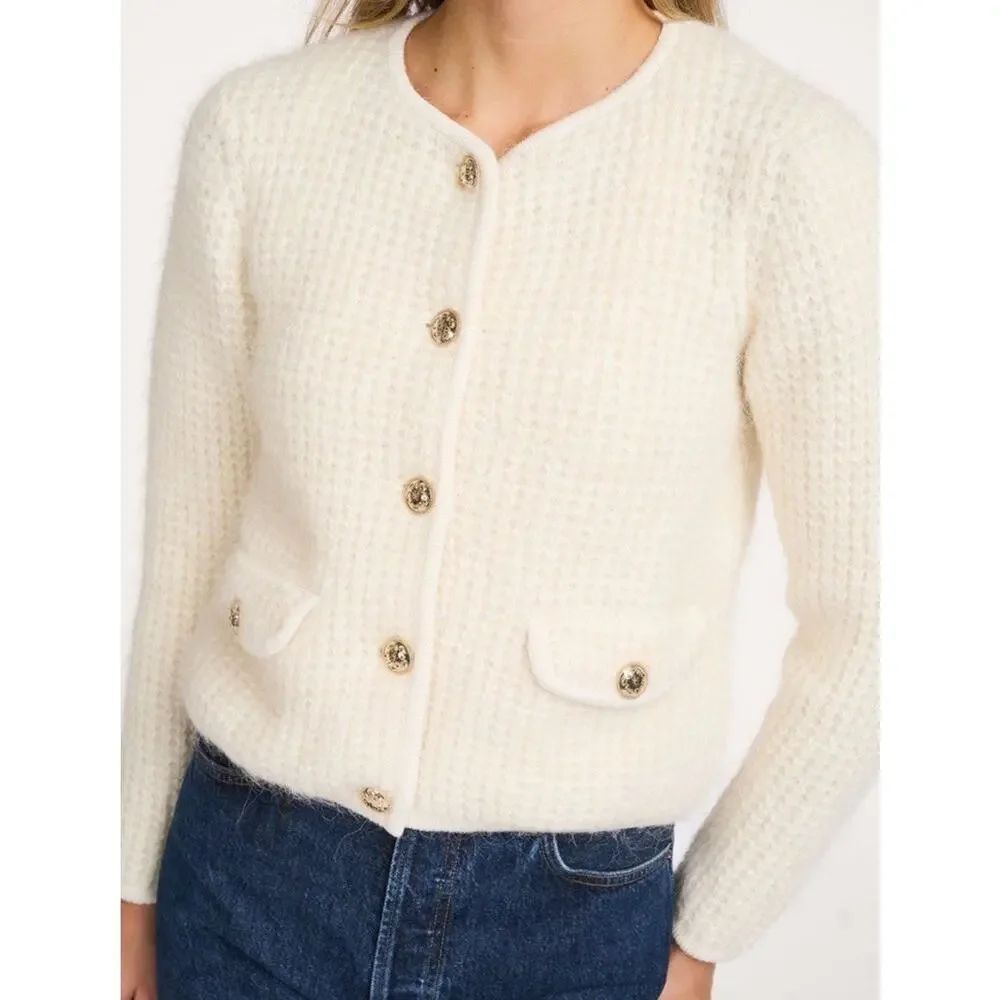 Ba&sh Harry Wool Alpaca Blend Cardigan Ivory Gold Button Pocket Sweater sz 0 XS